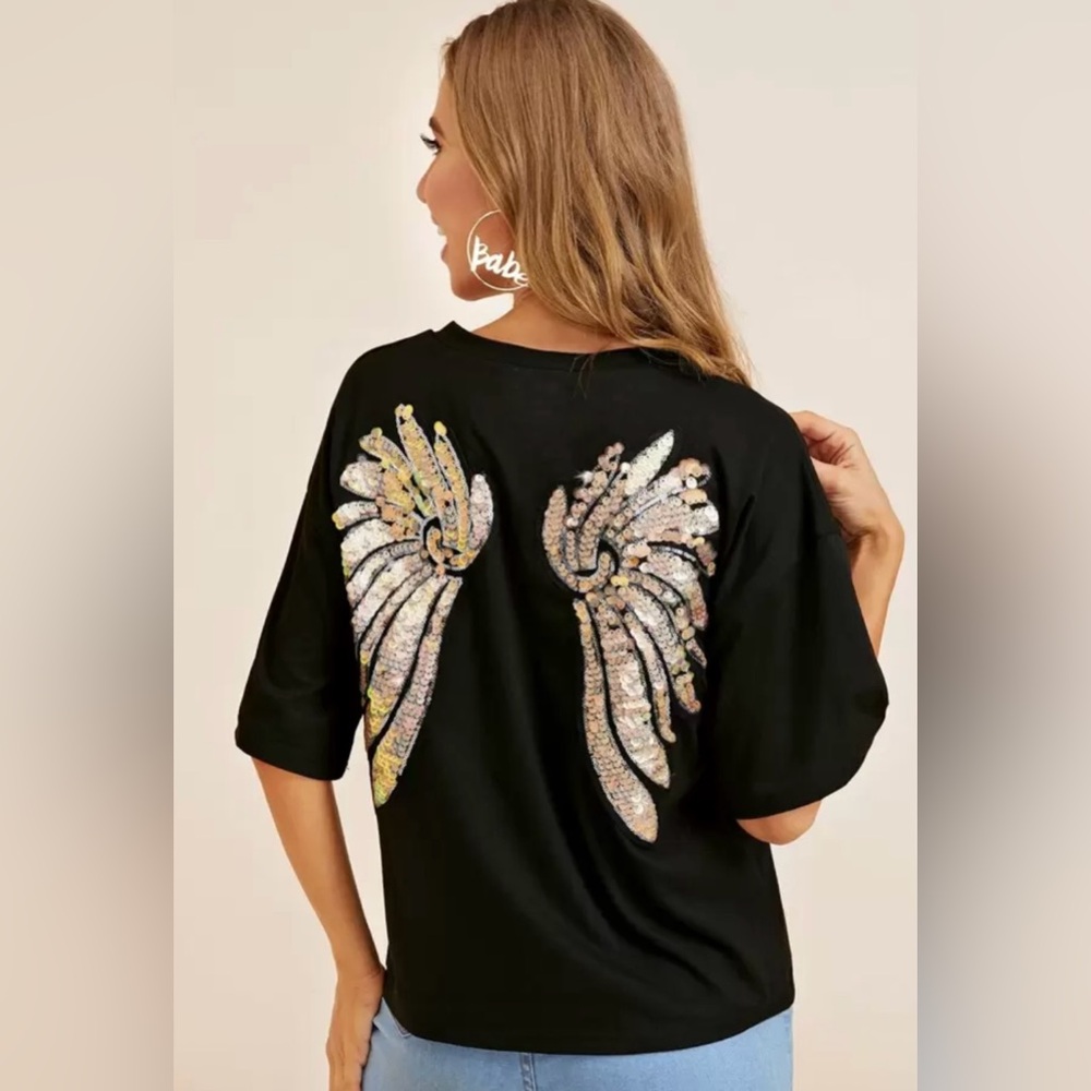 NWOT Sequin Angel wings tee